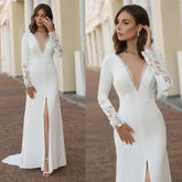 Romantic Bridal Luxury Wedding Mermaid sexy slit with V-neck floor length exquisite long sleeve beach bridal party dress